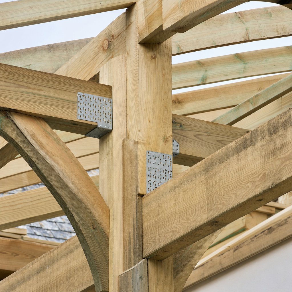 Structure de charpente bois avec connecteurs métalliques — rénovation toiture en Île-de-France