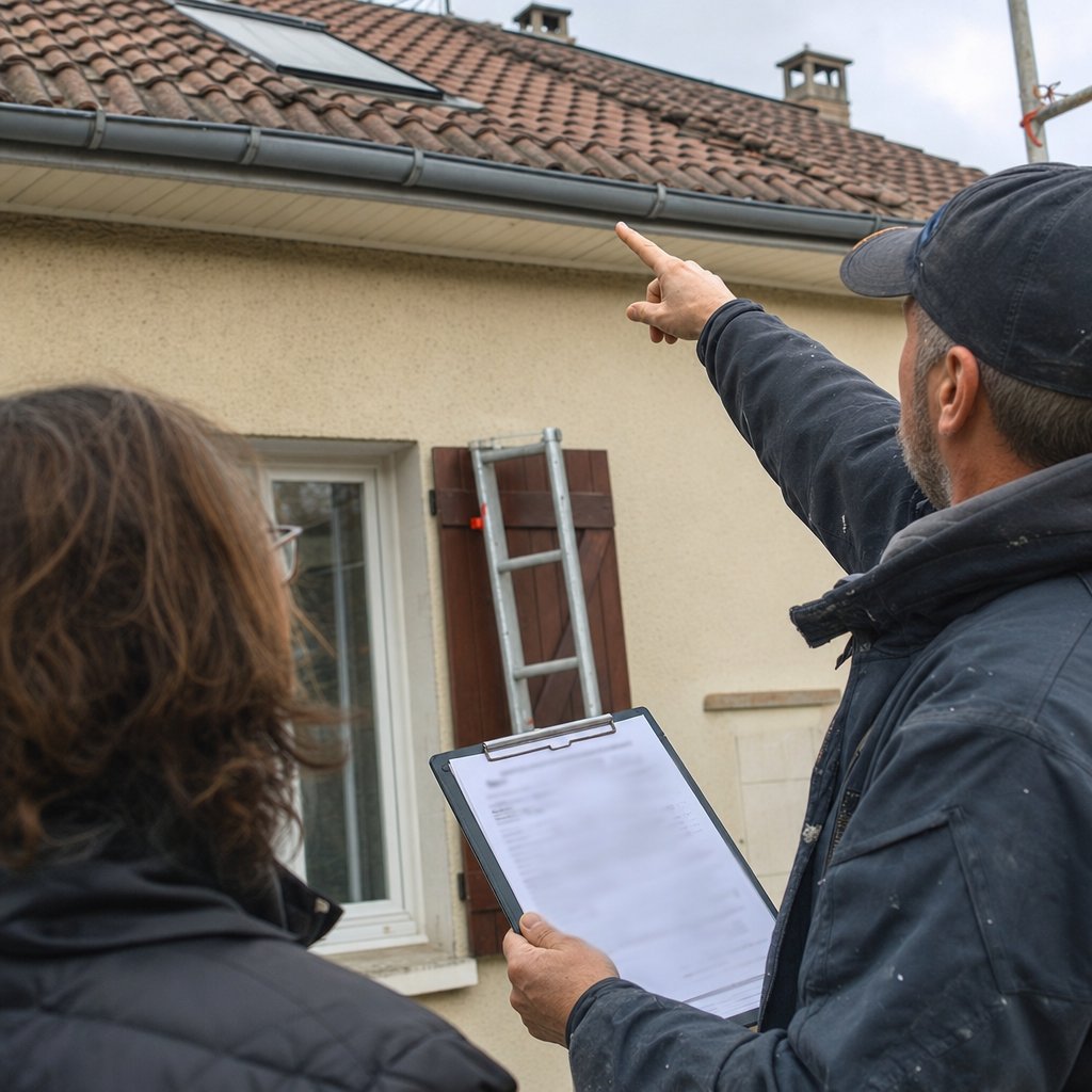 Couvreur professionnel présentant un devis de toiture détaillé lors d'une évaluation de chantier en Île-de-France