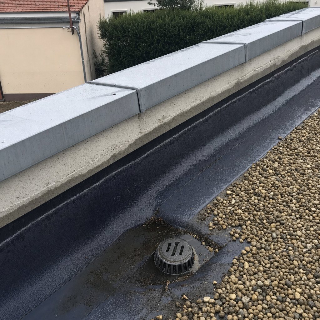 Détail d'étanchéité toit plat : relevé de membrane et couvertine zinc sur acrotère