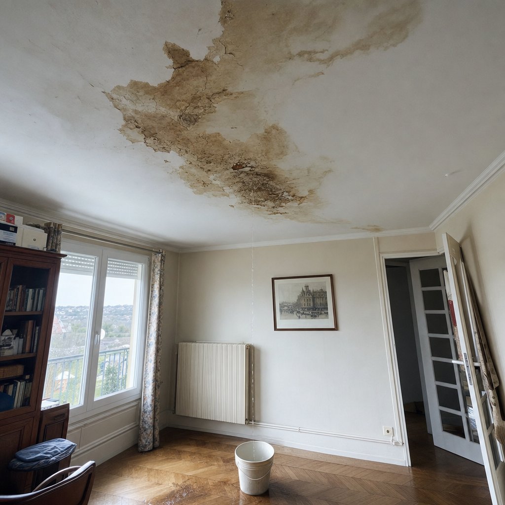 Infiltration d'eau et fuite de toiture : tache d'humidité au plafond et seau récupérant l'eau dans un logement d'Île-de-France
