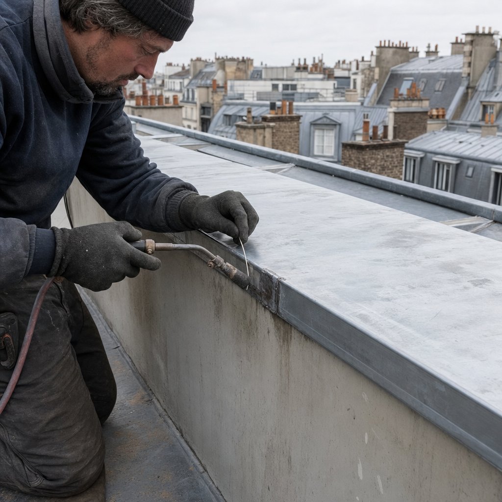 Couvertine zinc soudée sur mur bahut de toiture-terrasse parisienne