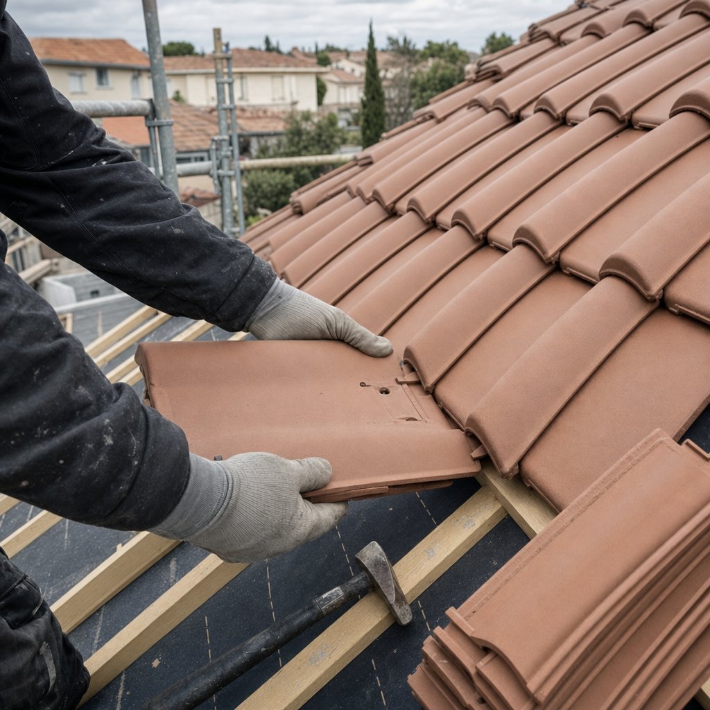 Pose de tuiles terre cuite à emboîtement sur liteaux et écran de sous-toiture par un couvreur NR Couverture en Île-de-France