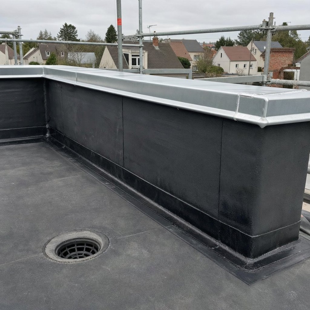 Détail d'étanchéité de toit plat : relevé, membrane soudée et couvertine zinc posés par NR Couverture en Île-de-France